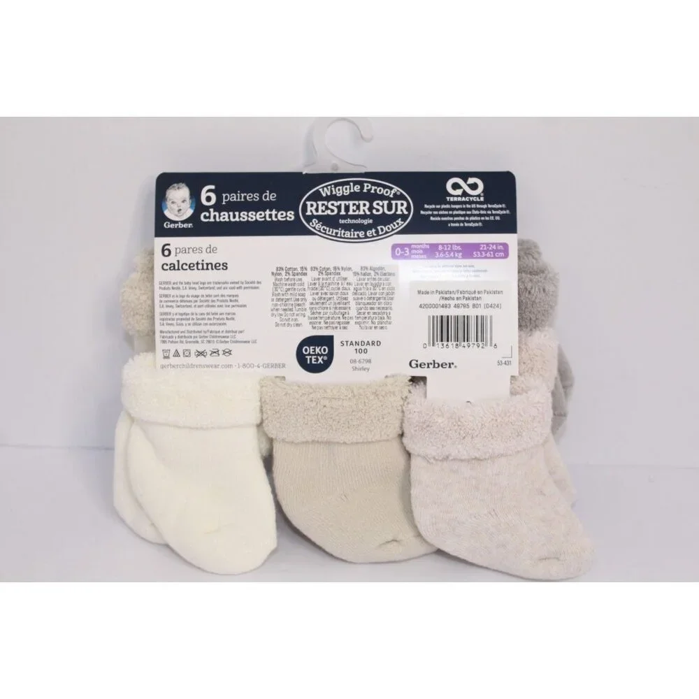 Gerber Wiggle Proof Stay On Infant Bootie Socks 0-3 Months Beige Gray 6‎ Pack